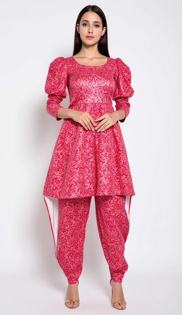 In this cinematic portrait, an elegant Indian model stands poised, dressed in a sophisticated ((copper pink leggings )) with intricate floral patterns. The kurti features a ((round neckline))with a subtle front slit, elbow-length sleeves, and a straight cut that falls just below the knee with side slits for ease of movement. She pairs it with stylish white ((strappy heels)), adding a modern twist to her traditional outfit.