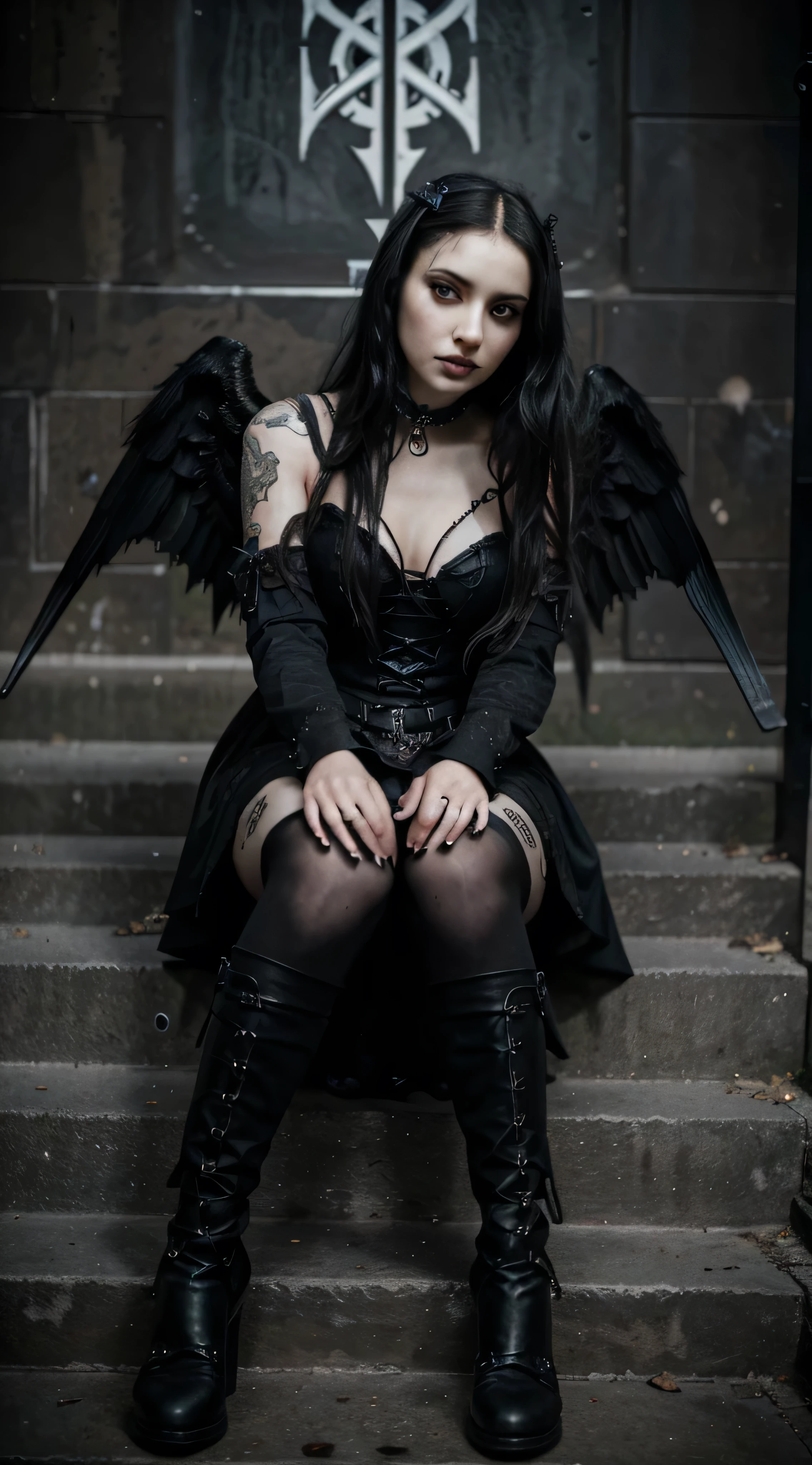 Generate a description of a gothic backdrop featuring raven wings that can serve as a background for people. The raven wings should be detailed and imposing, creating a sense of dark beauty and mystique. Describe the setting so that people can be easily placed in front of these wings, giving the impression that they are donning the wings in the photo.