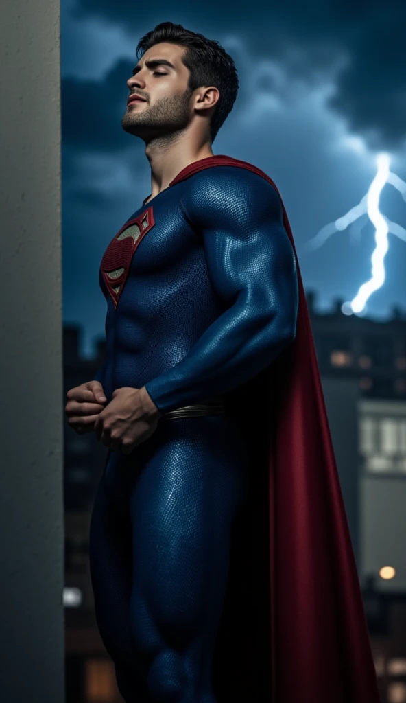 A muscular attractive Cody Christian, dressed in tight blue Superman suit, a red cape falls behind his shoulders, stands against a wall, His facial expression appears pained or exhausted, with an expression of pain, with his head tilted slightly upward and his eyes closed, his hand is placed on his abdomen, suggesting injury. Dark clouds lightning background, night lighting, cinematic and moody, (best quality,4k,8k,highres,masterpiece:1.2),ultra-detailed,(realistic,photorealistic,photo-realistic:1.37),HDR,studio lighting,professional,vivid colors,dramatic lighting