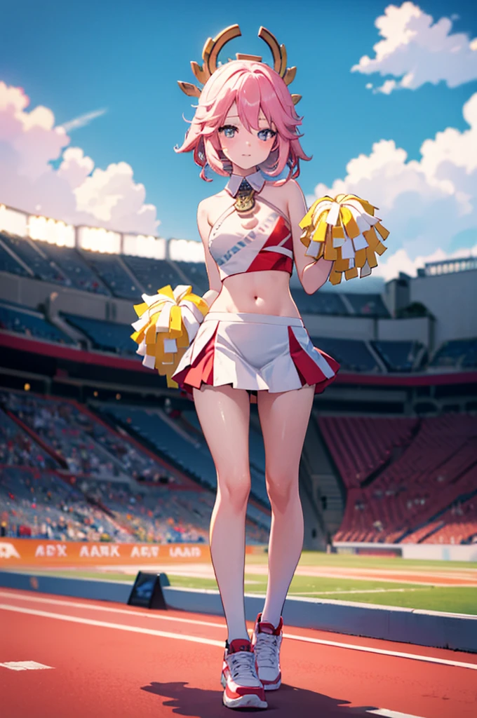 a cute solo femboy ,trap,yaemikodef,cheerleader,crop top,skirt,miniskirt,holding pom poms,pom pom \(cheerleading\),standing in a stadium,full body.