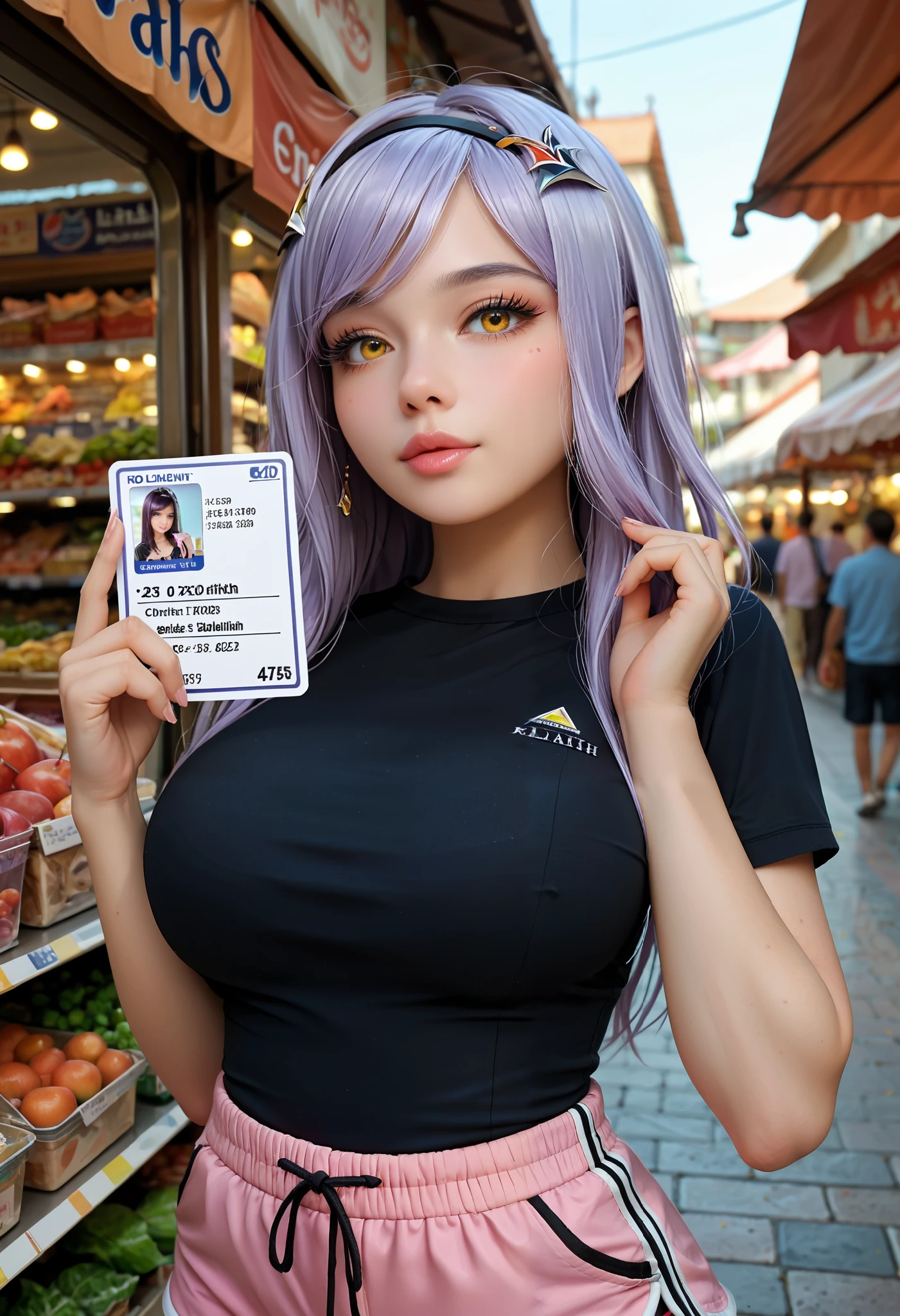  Black_lilith,large breasts, bangs, 1girl, solo,large breasts, long eyelashes,thick_lips, (beautiful face, detailed face, ,face perfect), (yellow eyes), pink shorts, Dolphin Shorts, black shirt, holding credit card, holding notepad, market, 