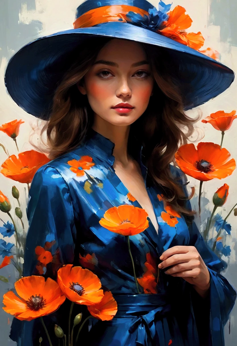 A captivating illustration of a woman in a vibrant painting, wearing a wide-brimmed hat that partially conceals her enigmatic face. Her gaze is directed to the side, inviting the viewer into her world. The woman is elegantly dressed in a floral patterned gown, appearing both sophisticated and whimsical. The background is a stunning blend of deep blue hues and fiery orange poppy flowers, creating a vivid contrast that highlights the subject's presence. The painting style is expressive and dynamic, showcasing bold brush strokes and a rich color palette that brings the scene to life., painting, illustration