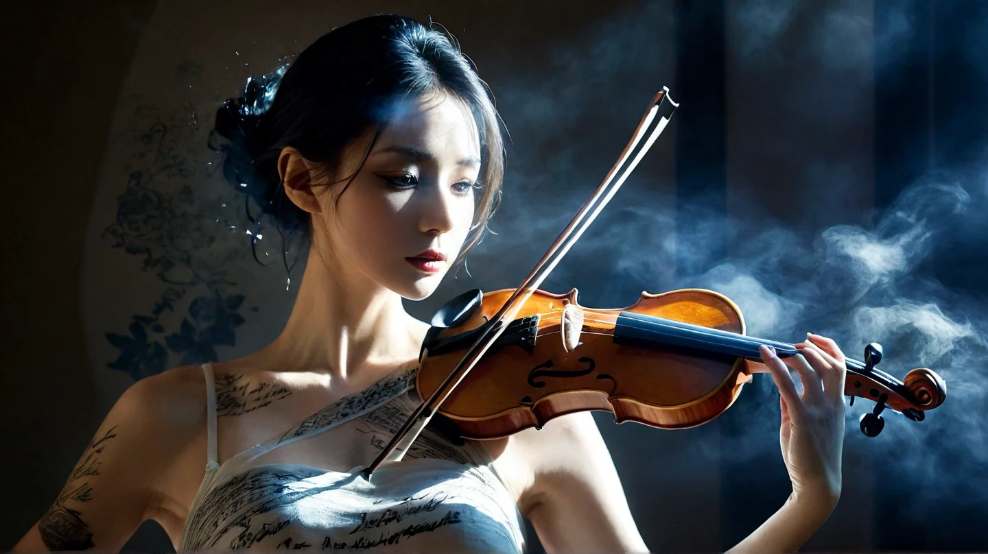 (front focus), (in the dark:1.6), Hyperrealist portrait of female by david hockney and alphonse mucha, fantasy art, photo realistic, dynamic lighting, artstation, poster, volumetric lighting, very detailed faces, 4 k, award winning, 1girl, playing violin, 20 years old, long hair, fair skin, beautiful woman, rosian、white hair 、high quality,