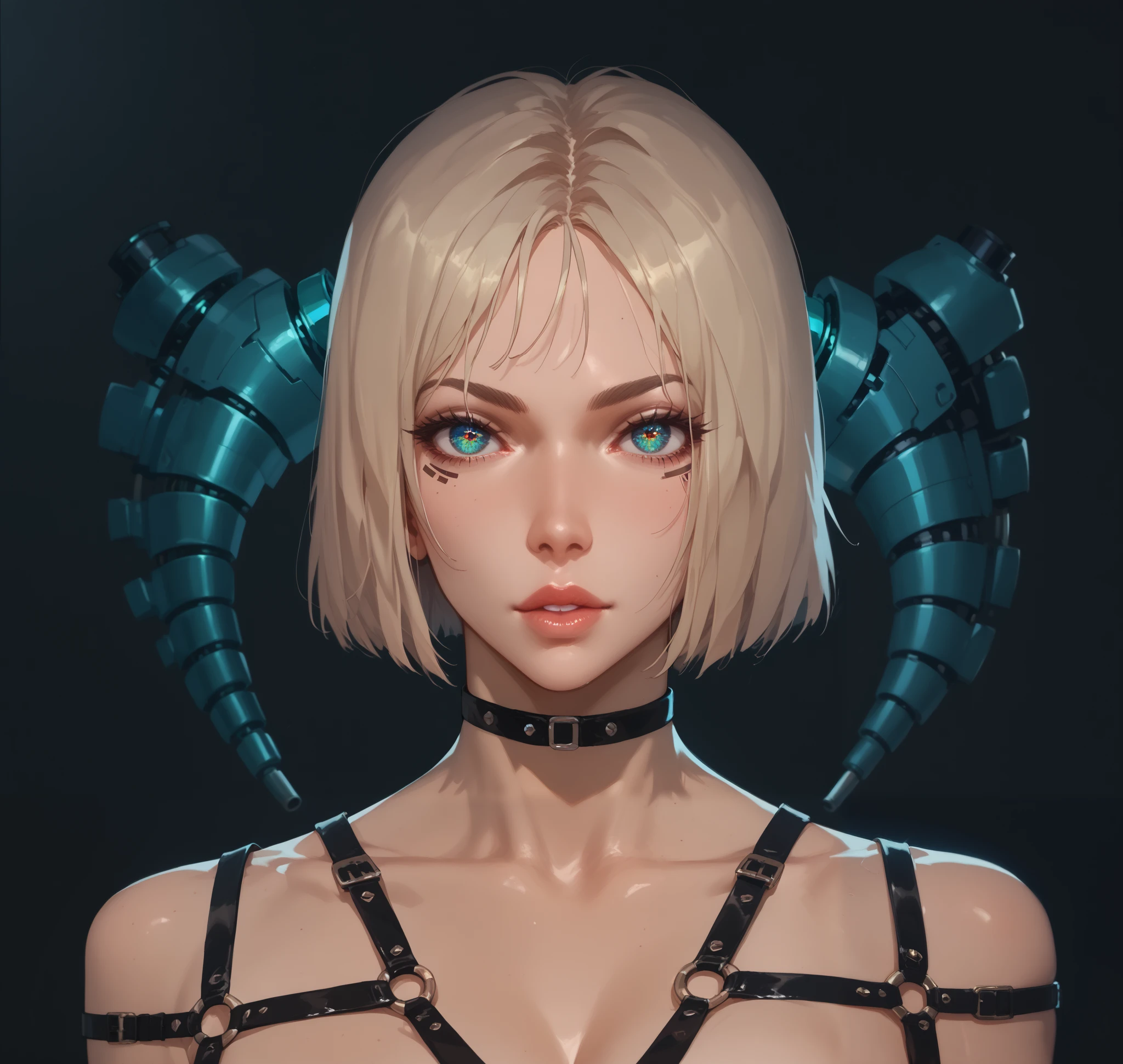  portrait of a cyber girl with implants, mechanical eyes ,  with a harness and an interesting background 