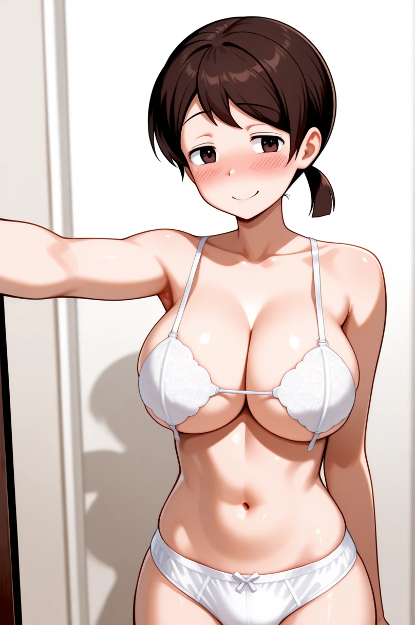  has brown hair , Low double ponytail,  brown eyes,  blush, White,  Big Breasts , White内裤，Wearing only underwear，A lewd smile，Selfie