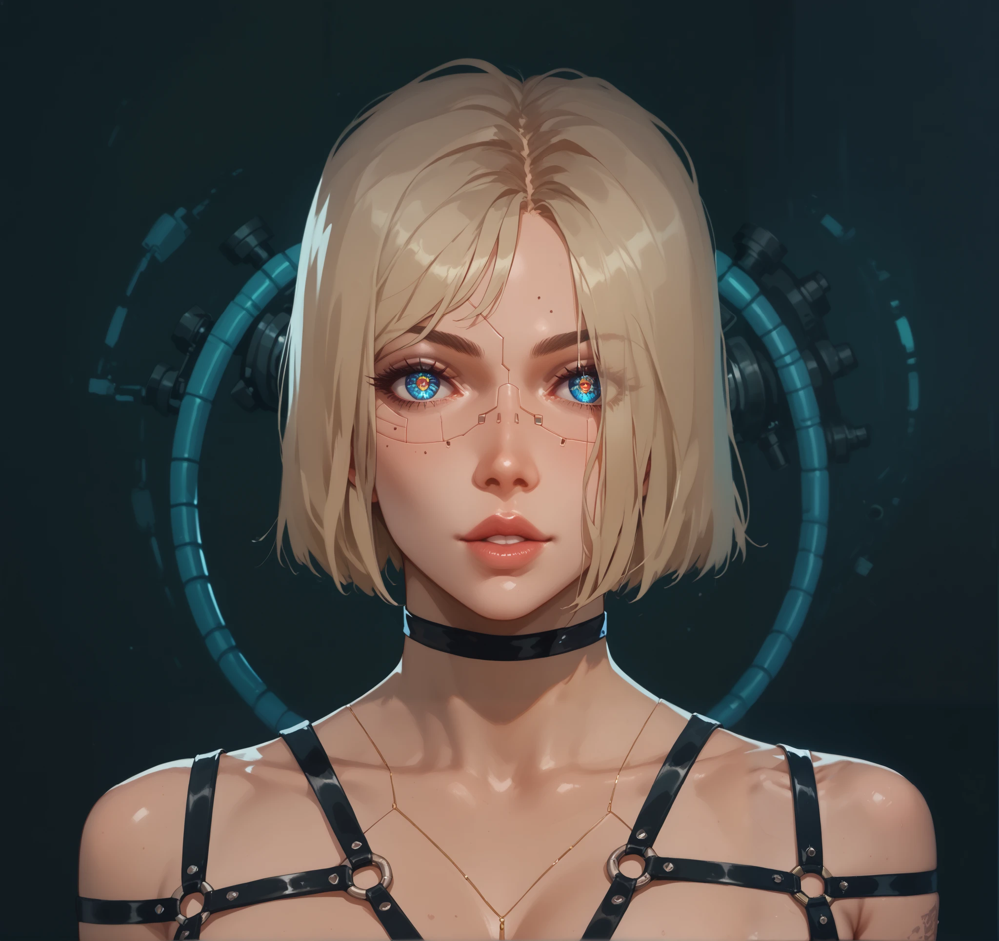 portrait of a cyber girl with implants, mechanical eyes , with a harness and an interesting background