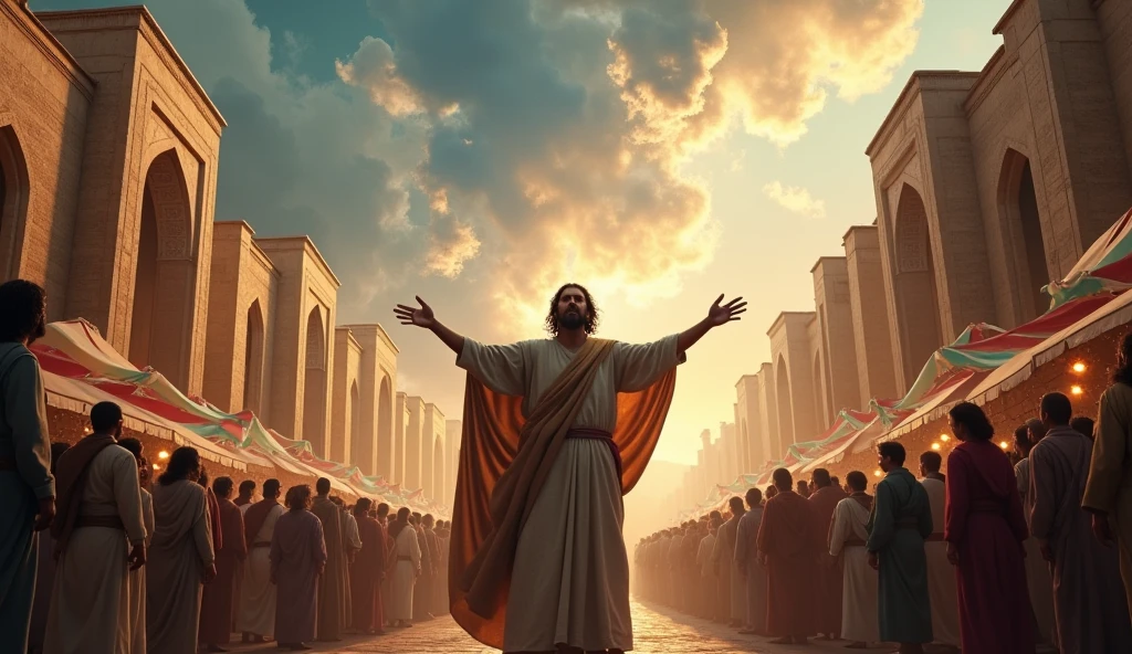 ""An outdoor scene in ancient Jerusalem. A middle-aged man with a beard and a simple robe (Pedro) is standing on a small hill, Addressing a diverse crowd. His arms are outstretched in a passionate gesture as he speaks.. the crowd, composed of people of different nationalities and clothing, listen carefully. Some have expressions of astonishment, others of curiosity.
In the background, you can see the temple of Jerusalem. The sky is clear and bright, suggesting that it is mid-morning. There is a subtle golden glow around Peter, symbolizing the presence of the Holy Spirit. Small tongues of fire float over the heads of Peter and some of the other apostles who are near him..
The scene captures the pivotal moment when Peter explains the events of the day of Pentecost and proclaims Jesus as the promised Messiah..""