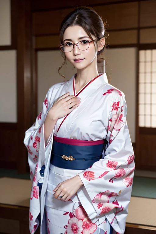 (( top quality)), ((傑 top quality、masterpiece、High sensitivity、 high resolution、 detailed depiction 、 delicate face depiction ))Slender Woman、Glasses、 for the first time、Praying at the Shrine 、Long-sleeved kimono、