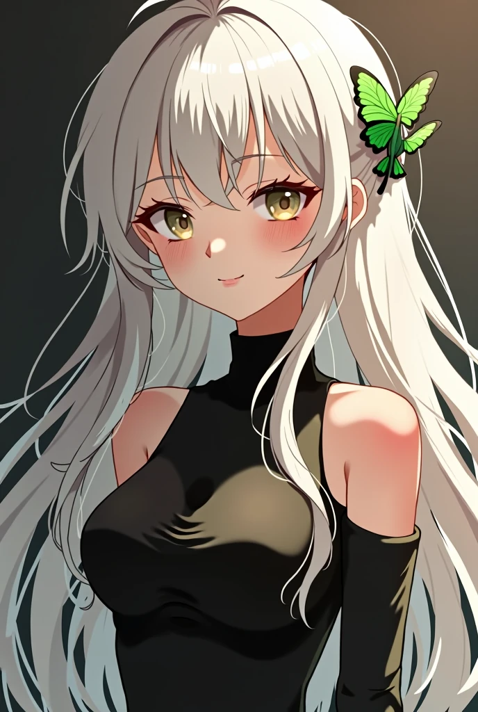 beautiful fox girl alvina blanca, beautiful green eyes, long white hair, light blue short jean shorts, black sleeveless sole, white ears , White glue, blushing