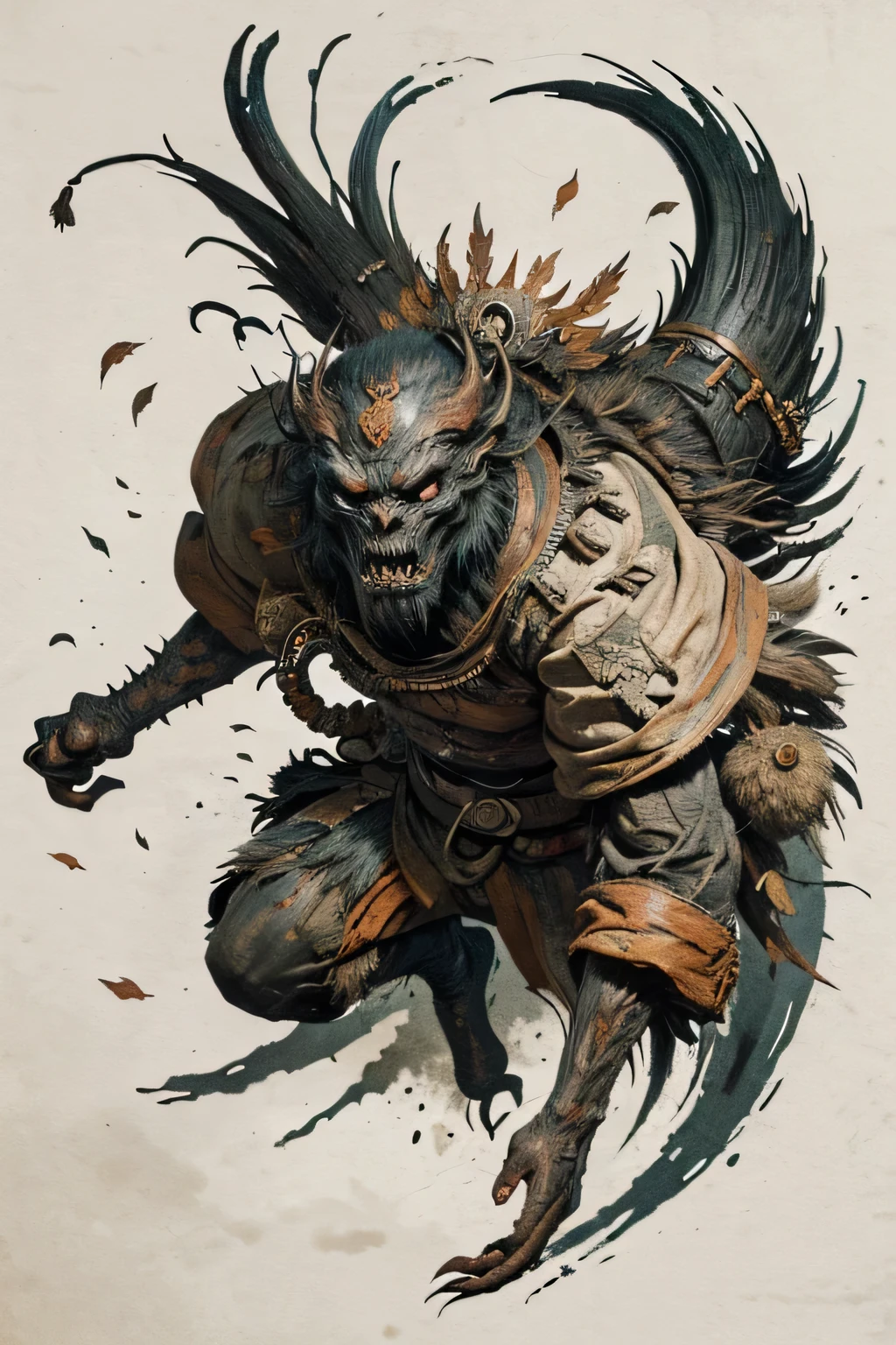 ((Monsters that look like 2 beasts)), ((war)), ((Jumpscare)), outline warm color, ((festival)), ((Chojugiga)), ((Shihon Bokuga)), antique, (personality personification ), (Ink painting), Black and White Art , (Old paper style illustration), (Hunting Painting Style, Little Monster , Old performance, Variation pointillism, flat illustration , creepy, ( Horror elements), creepy worldview, ( Primitive art ), outline warm color, are styled like old picture scrolls, Old stage, Ancient mural style, Intense Movements , jump, face focus, close up