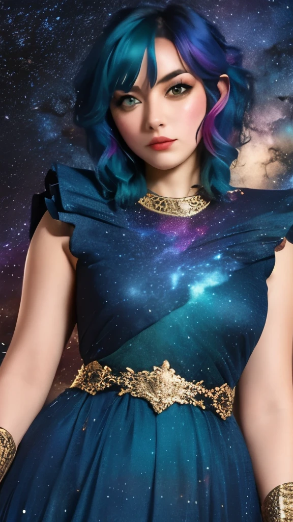 women with rainbow colored hair and detailed teal dress armor, standing, rainbow colored cosmic nebula background, stars, galaxies, intricate details, perfect face