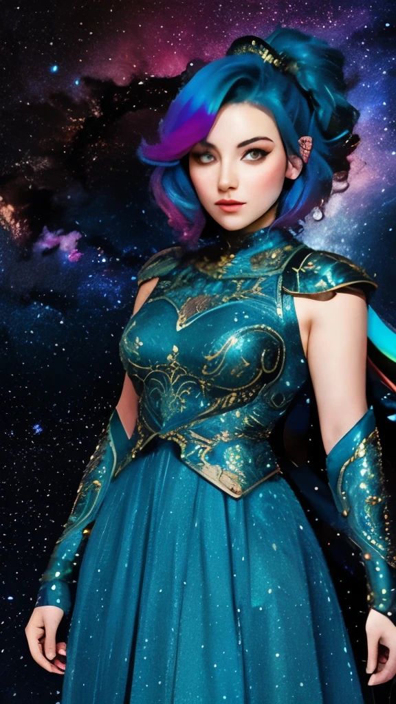 women with rainbow colored hair and detailed teal dress armor, standing, rainbow colored cosmic nebula background, stars, galaxies, intricate details, perfect face