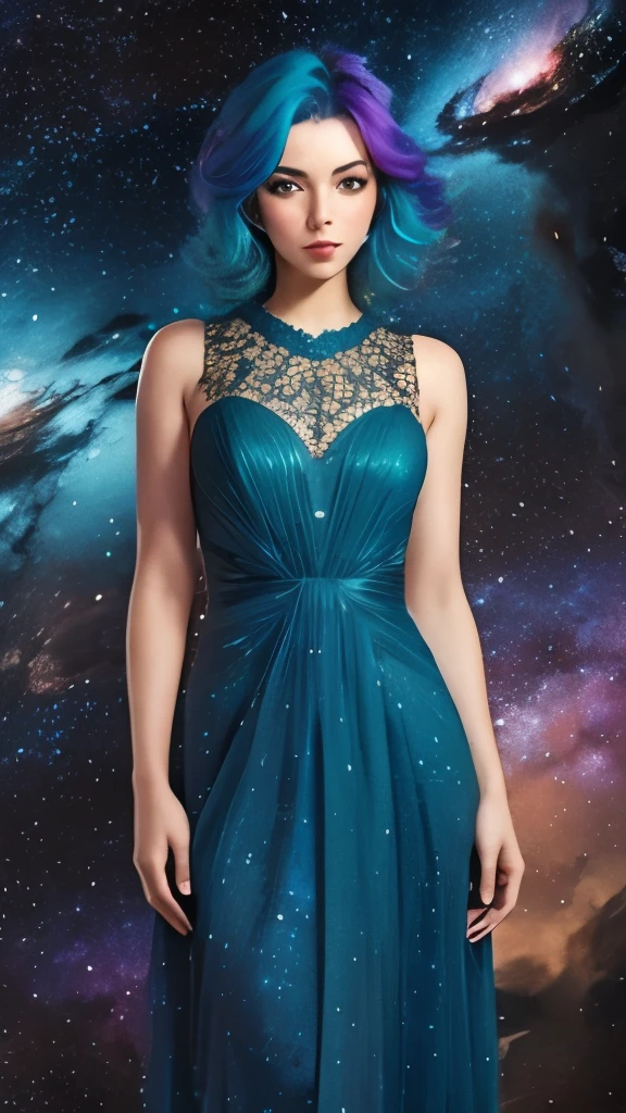 women with rainbow colored hair and detailed teal dress armor, standing, rainbow colored cosmic nebula background, stars, galaxies, intricate details, perfect face