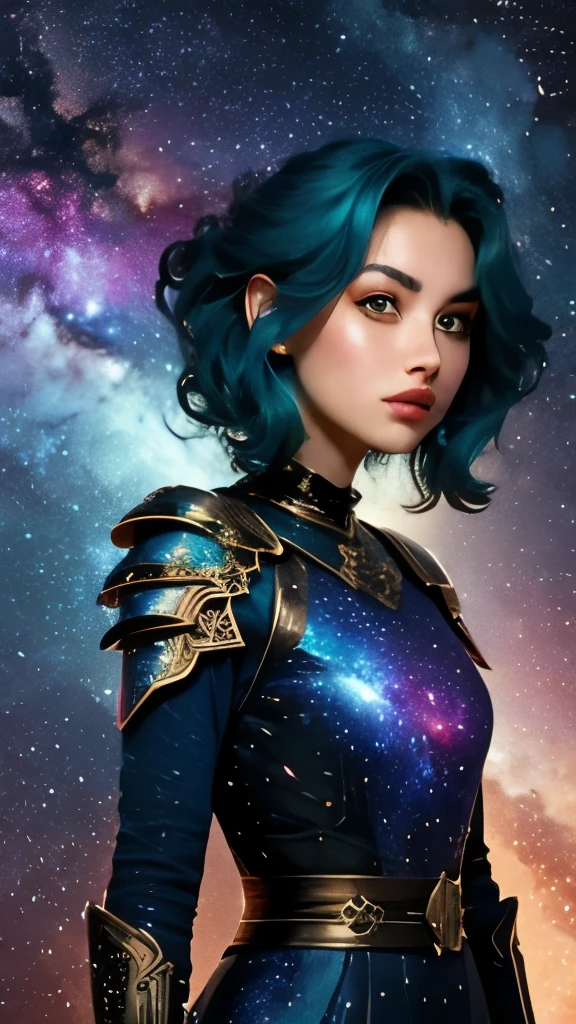 women with rainbow colored hair and detailed teal dress armor, standing, rainbow colored cosmic nebula background, stars, galaxies, intricate details, perfect face