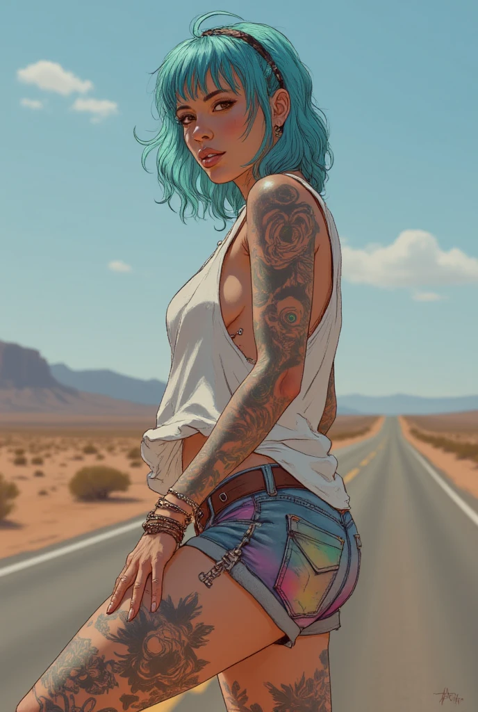 A gorgeous woman with clear colored hair, cut with fringes , elle porte un top blanc et un short de couleur. Elle a le corps entièrement tatoué et des piercings, (voyage sur la route)