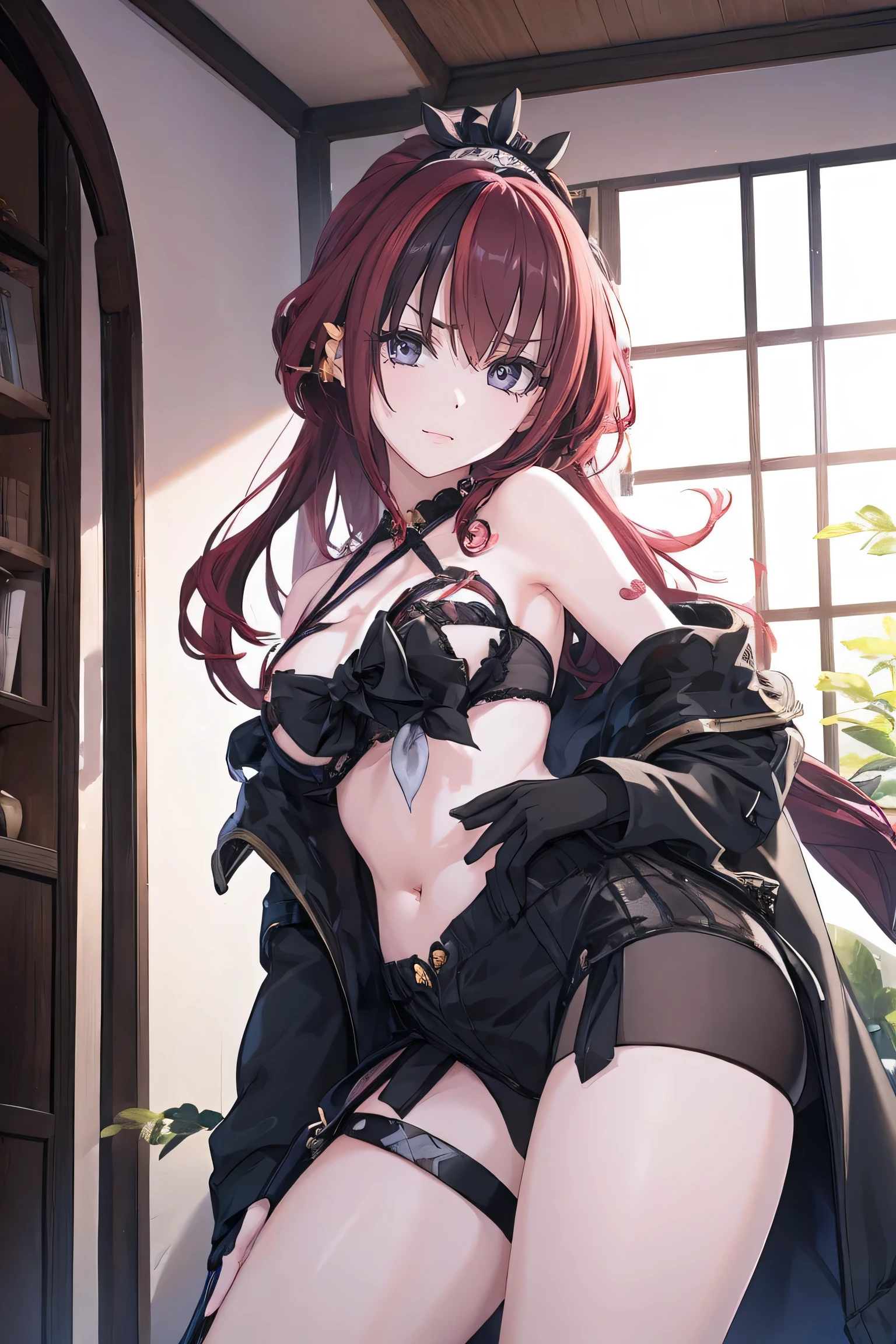 An anime girl with red hair and blue eyes wearing a skirt and an open shirt revealing a black and red bra