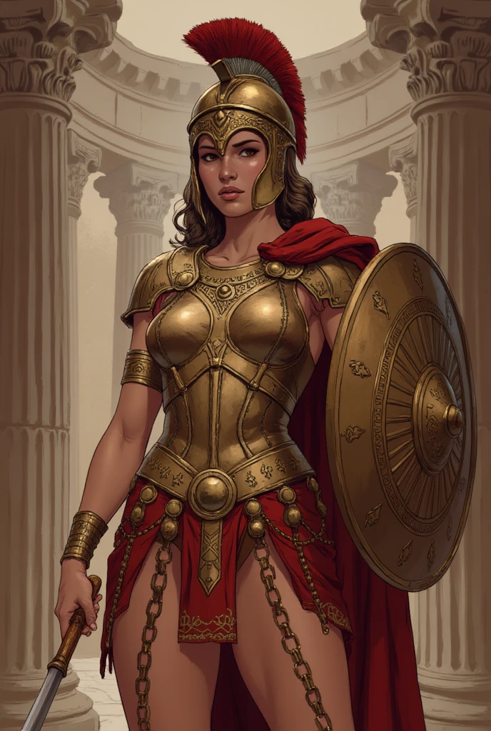 An ancient greek warrior girl, antic Greek armor, corinthian greek helmet, hoplite warrior girl 