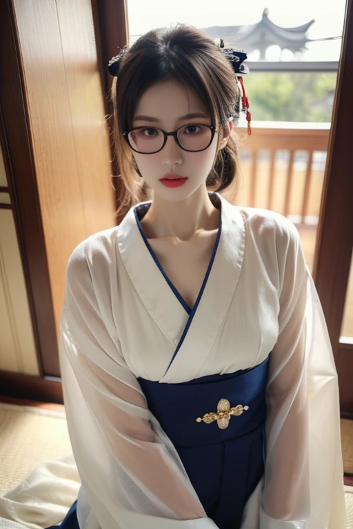 (( top quality)), ((傑 top quality、masterpiece、High sensitivity、 high resolution、 detailed depiction 、 delicate face depiction ))Slender Woman、Glasses、Long-sleeved kimono、