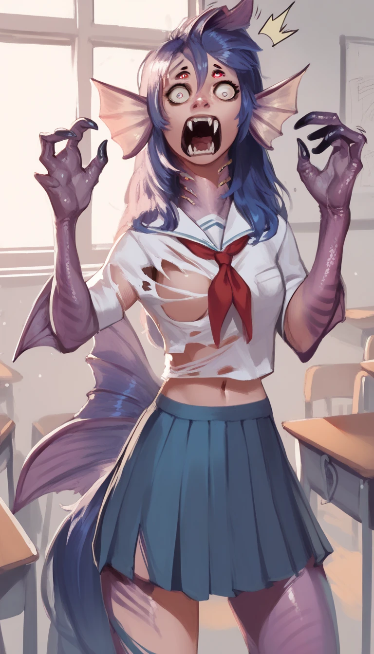 rating_questionable, score_9, score_8_up, score_7_up, Expressiveh, 1girl, shocked, torn skirt, school uniform, transformation, aroused, spider eyes, horse head,, monster girl, monsterification, classroom, multiple eyes, fins, horse teeth, spider fangs, 