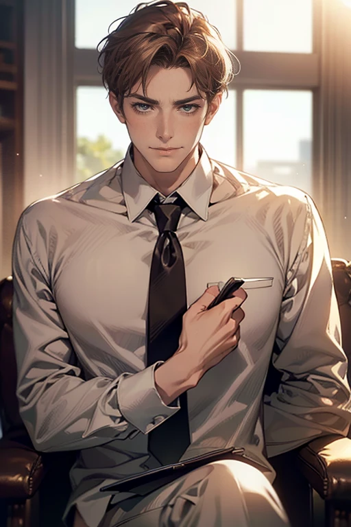 A high resolution， Sharp focus， Pixiv masterpiece， （（Complicated details））， highly  detailed， natsuki_subaru， 1 man， with her mouth open，full bodyesbian，sit astride， Golden eyes（eyes glowing）， blond hairbl， The shirt，Drenched，Gold tie，trousers，thongs，perspire，look from down