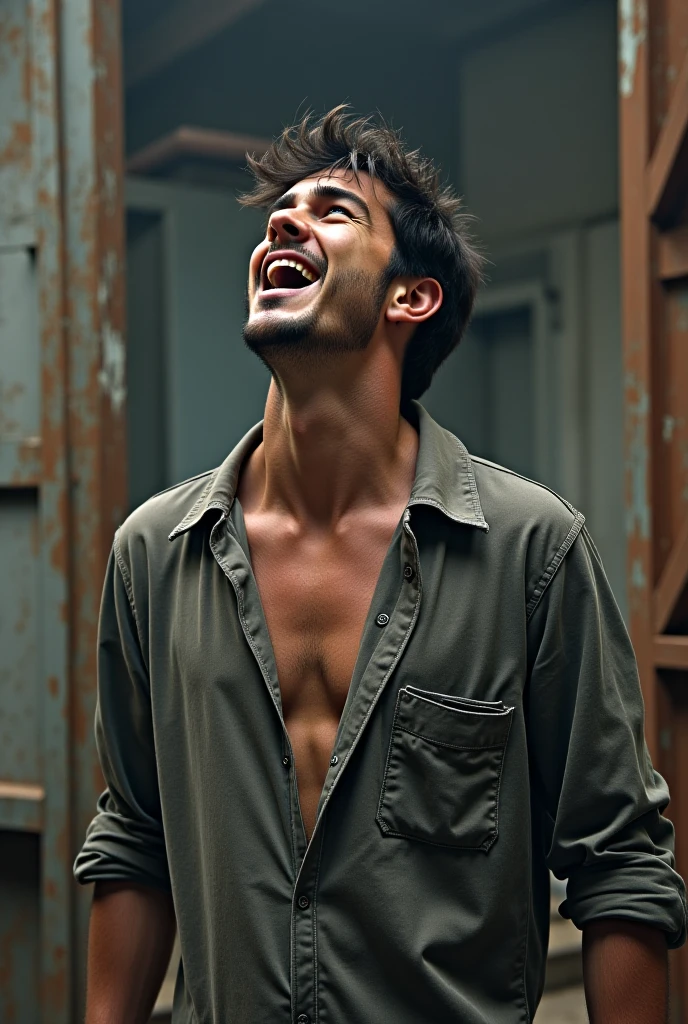 handsome and sexy laughing in a mental asylum with a long white straitjacket