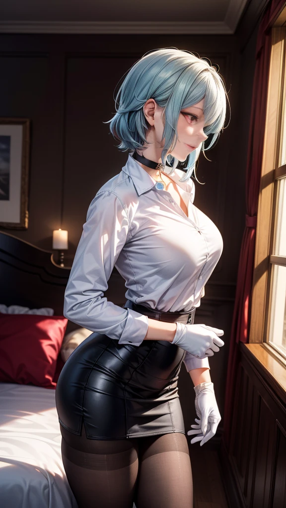 Beautiful woman is shown to have a athletic figure, she is wearing a beautiful nsfw dress, (aafranziska, light blue hair:1.5), ascot, puffy sleeves, pencil skirt, pantyhose, black gloves, jewelry, earrings, (black bunny ears:1.4), black lips, (tears:1.4), girl standing in a gala ballroom, sexy session, (arms behind back:1.4), exposed cleavage, (pregnant:!.4), cowboy shot, superior quality, many details, realistic