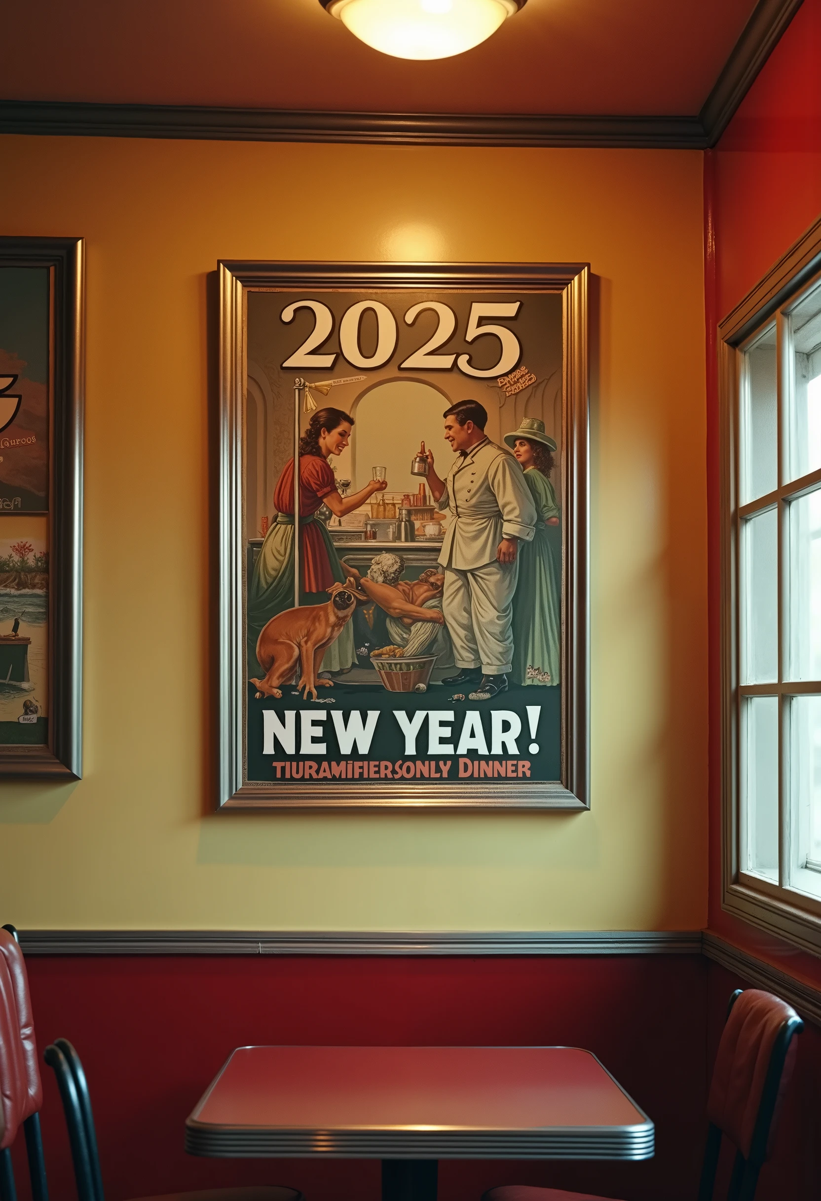 An old American illustrated poster, hung in an American diner, says '2025 NEW YEAR!'