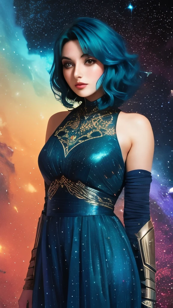 women with rainbow colored hair and detailed teal dress armor, standing, rainbow colored cosmic nebula background, stars, galaxies, intricate details, perfect face