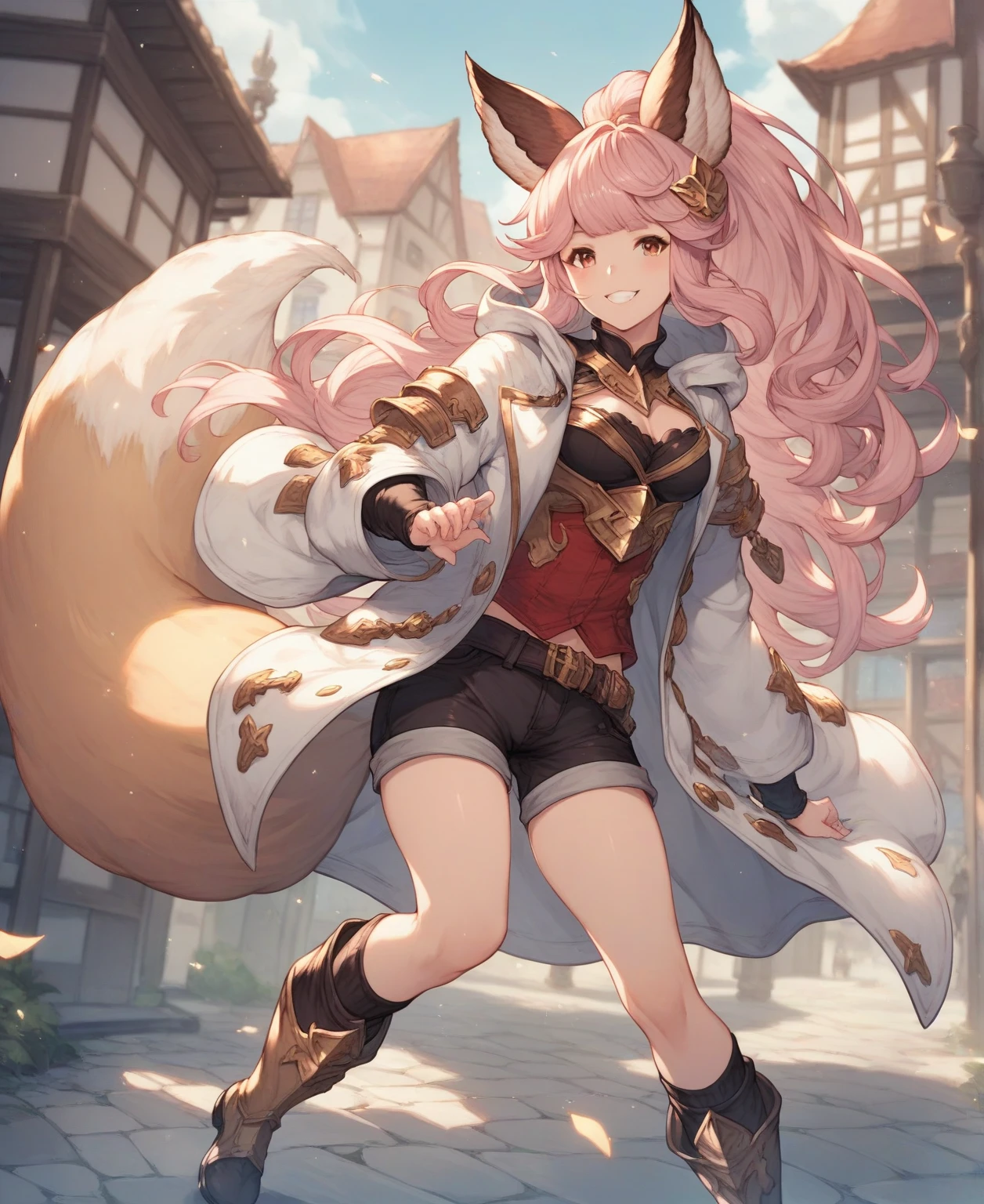 1 girl, granblue_fantasy_style_xl, long hair, Light pink hair, purnle eyes, smile, fox ears, animal ears, fox tail, Armor, Hooded coat, long coat, white coat, shorts, boots, town, Ponytail hair,  solo, teen,