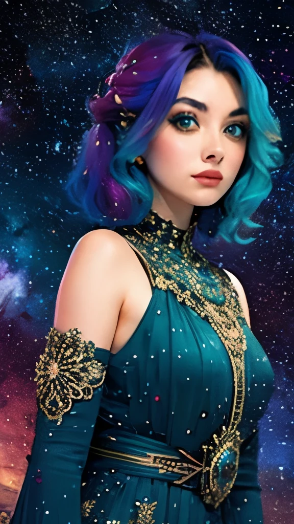 women with rainbow colored hair and detailed teal dress armor, standing, rainbow colored cosmic nebula background, stars, galaxies, intricate details, perfect face