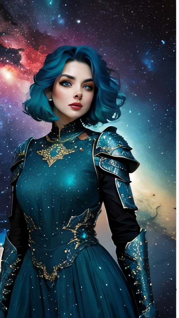 women with rainbow colored hair and detailed teal dress armor, standing, rainbow colored cosmic nebula background, stars, galaxies, intricate details, perfect face