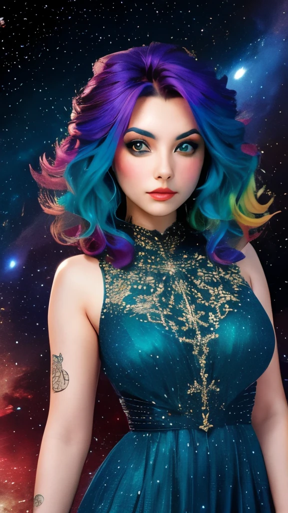 women with rainbow colored hair and detailed teal dress armor, standing, rainbow colored cosmic nebula background, stars, galaxies, intricate details, perfect face