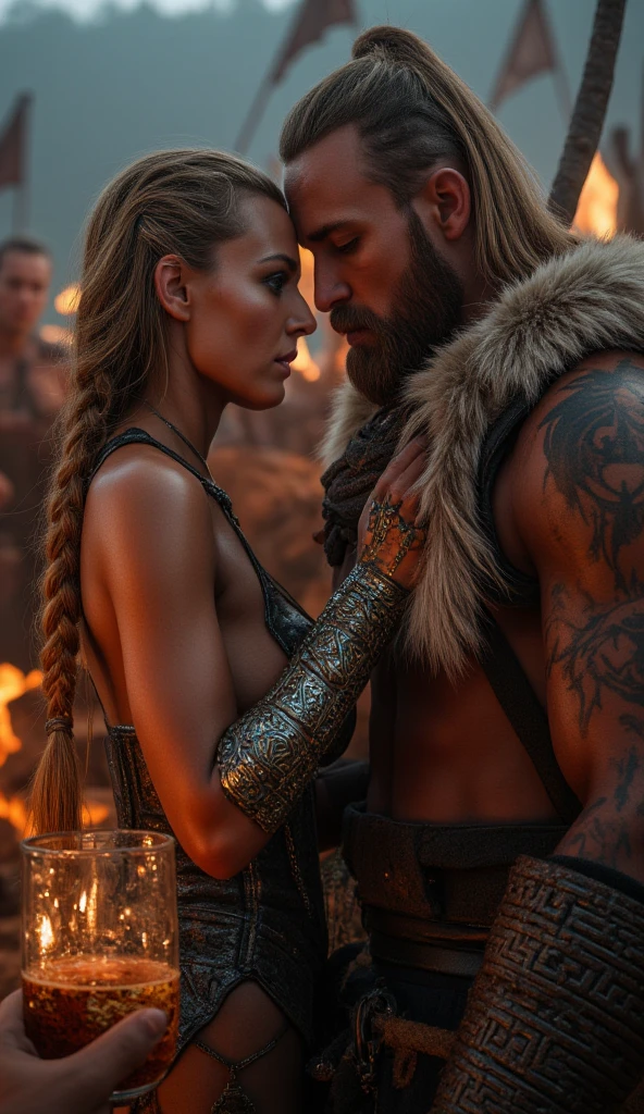fantasy, night, deadly wounded nordic BLACK viking, IX century, warrior see a goddes in deadly amok, moonlite confession to goddes Freya, NUDE, NAKED, GIGANTIC BREASTS, PERFECT BODY, realistic, bokeh, immersive background of nordic fiords and battlefield at night