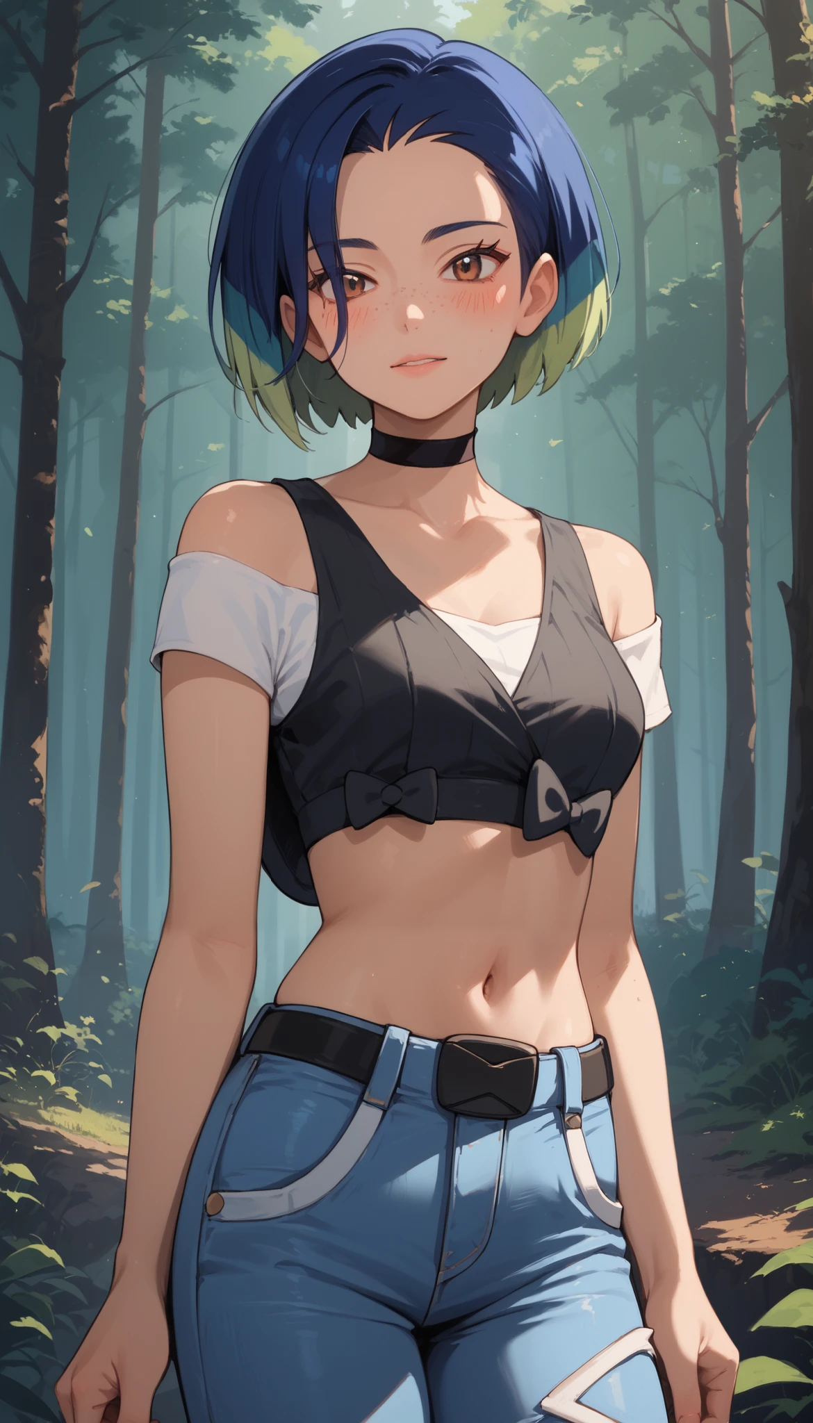 Score_9, score_8_up, score_7_up, score_6_up, source_anime, rating:general, 1girl, perrin_pokemon, freckles, blush, blue_hair, multicolored_hair, brown_eyes, short_hair, choker, shirt, crop_top, denim, dark forest, mist, stunning 8k quality, masterpiece, vivid colors, perfect lighting, perfect shadowing