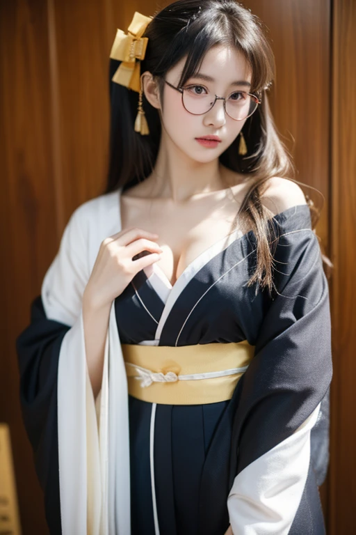 (( top quality)), ((傑 top quality、masterpiece、High sensitivity、 high resolution、 detailed depiction 、 delicate face depiction ))Slender Woman、Glasses、Long-sleeved kimono、Hakama、Female students from the Taisho period 、