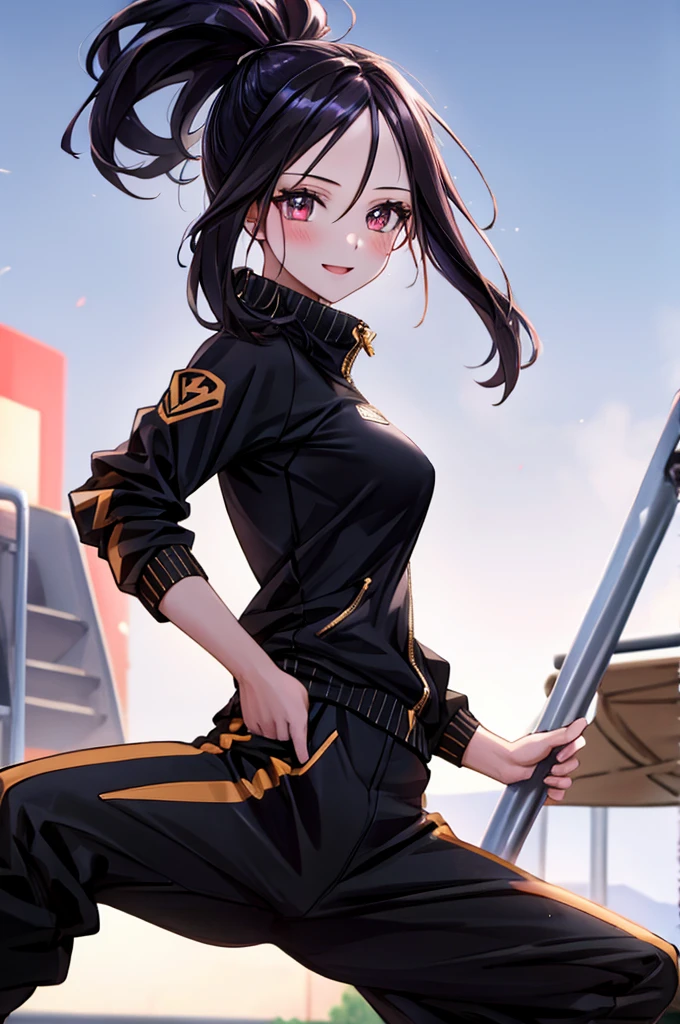 1girl, standing, holding up fists, spread legs, facing viewer, BREAK dendra pokemon, high ponytail, sidelocks, black tracksuit, long pants, (small breasts:0.9), (smile:0.9), BREAK detailed background, playground, BREAK (best quality, masterpiece, UHD, ultra detailed), (beautiful face, shiny skin), (detailed eyes), (perfect anatomy), (professional lighting)