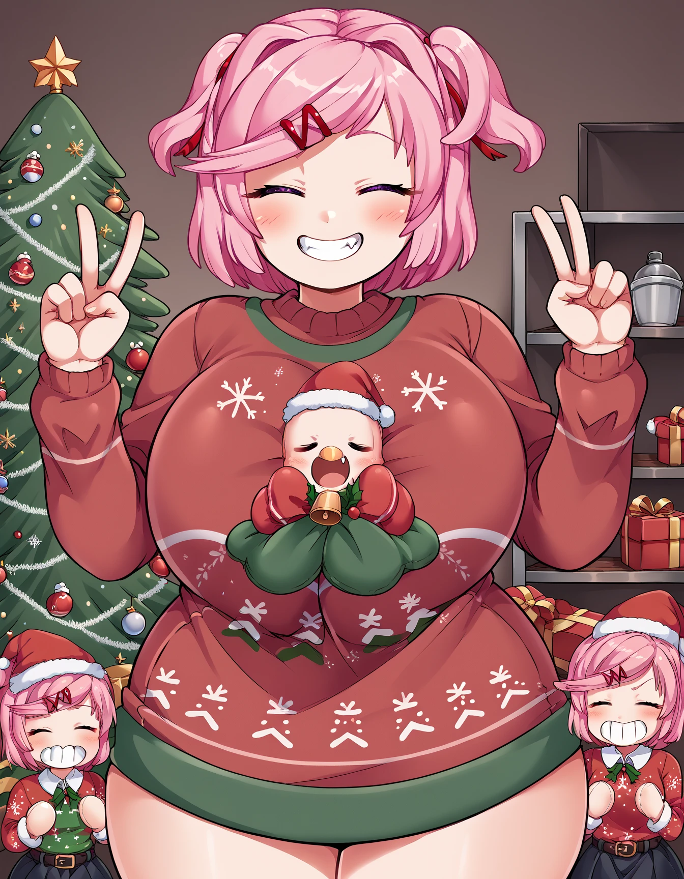 1woman, wearing a Christmas sweater that clings to her form, christmas spirit, cozy room, mature, Christmas dinner, overfull, overeating. stuffed belly. round belly. at the dinner table.