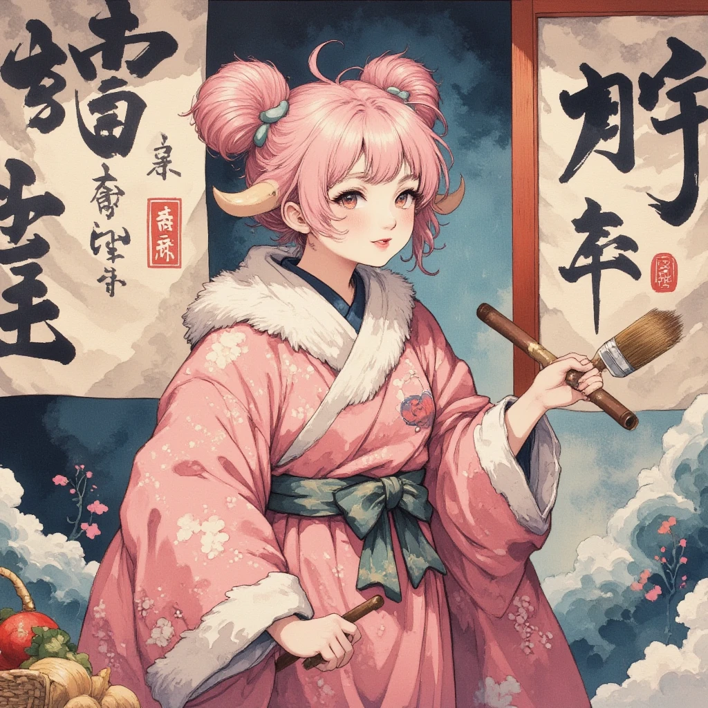 masterpiece:1.3,  highres icon:1.3, (Brush painting, Alone:1.2, Large brush letters written on paper "50,000" " thank you" ), One Girl \She has fluffy pink hair tied up:1.5\Round sheep horns:1.2\Thick eyebrows:1.1\Brave expression, smug face:1.5,  pink furry sleeve \long-sleeved kimono:1.5, Waving a human-sized brush :1.4, Large brush letters written on paper "50,000" " thank you" written on paper on the hanging scroll "50,000" break "50,000" Japanese style room:1.3,  vivid brush illustration, ( dynamic pose:1.3)