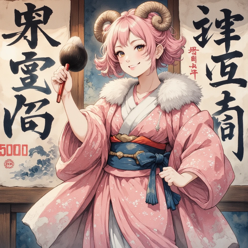 masterpiece:1.3,  highres icon:1.3, (Brush painting, Alone:1.2, Large brush letters written on paper "50,000" " thank you" ), One Girl \She has fluffy pink hair tied up:1.5\Round sheep horns:1.2\Thick eyebrows:1.1\Brave expression, smug face:1.5,  pink furry sleeve \long-sleeved kimono:1.5, Waving a human-sized brush :1.4, Large brush letters written on paper "50,000" " thank you" written on paper on the hanging scroll "50,000" break "50,000" Japanese style room:1.3,  vivid brush illustration, ( dynamic pose:1.3)