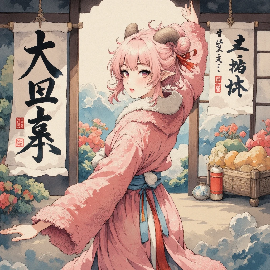 masterpiece:1.3,  highres icon:1.3, (Brush painting, Alone:1.2, Large brush letters written on paper "50,000" " thank you" ), One Girl \She has fluffy pink hair tied up:1.5\Round sheep horns:1.2\Thick eyebrows:1.1\Brave expression, smug face:1.5,  pink furry sleeve \long-sleeved kimono:1.5, Waving a human-sized brush :1.4, Large brush letters written on paper "50,000" " thank you" written on paper on the hanging scroll "50,000" break "50,000" Japanese style room:1.3,  vivid brush illustration, ( dynamic pose:1.3)