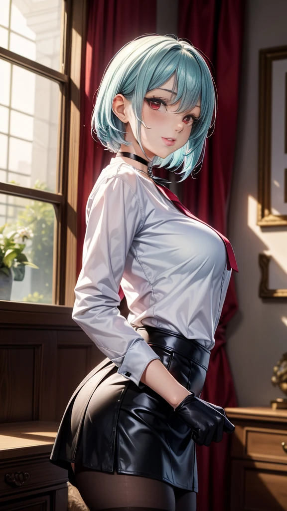Kissing viewer, Girl, dark skin, 30 years old, full bust, firm ass, slim waist, assymetrical short blue hair, clear blue eyes, sensual lips,