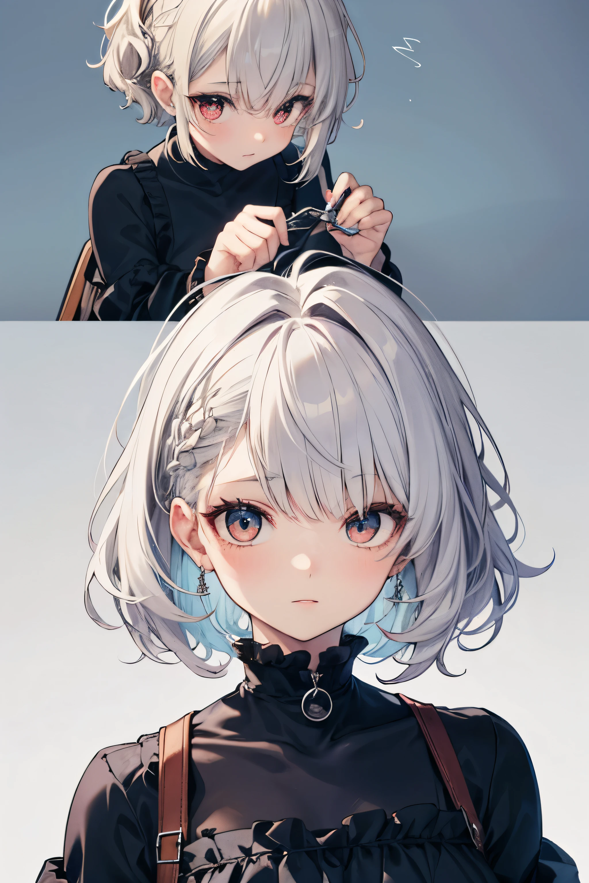   girl　Hair color is white　 The hairstyle is a short bob with fluffy waves　Eye color is dark blue