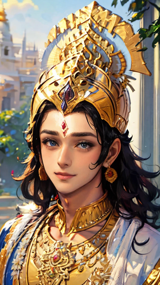 ((best quality)), ((masterpiece)), (detailed), perfect face of lord Krishna smiling digital portrait art 