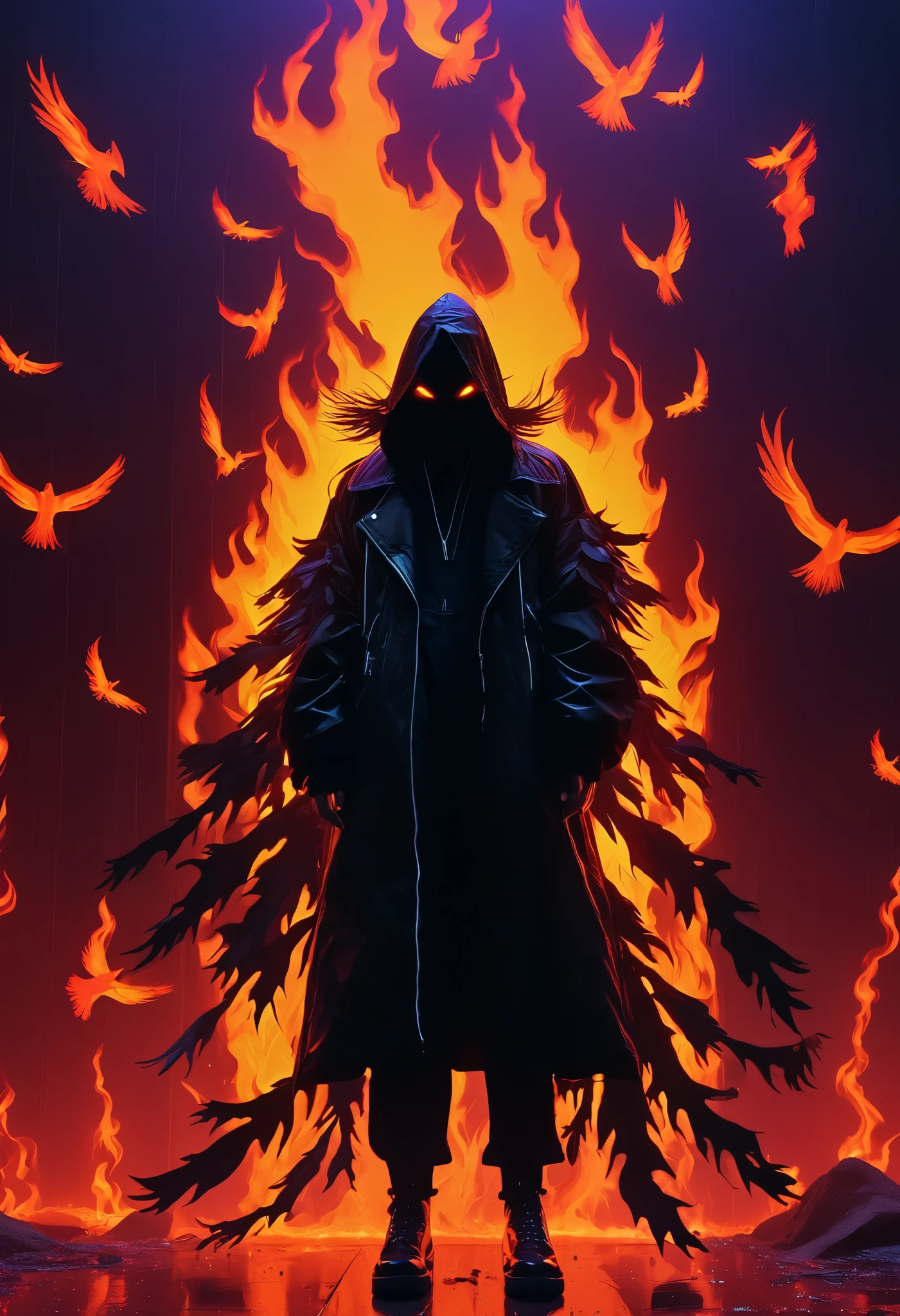 A very aesthetic image,visual fracture,humanoid shadow,Black flames,Flaming crows,Neon Ravens