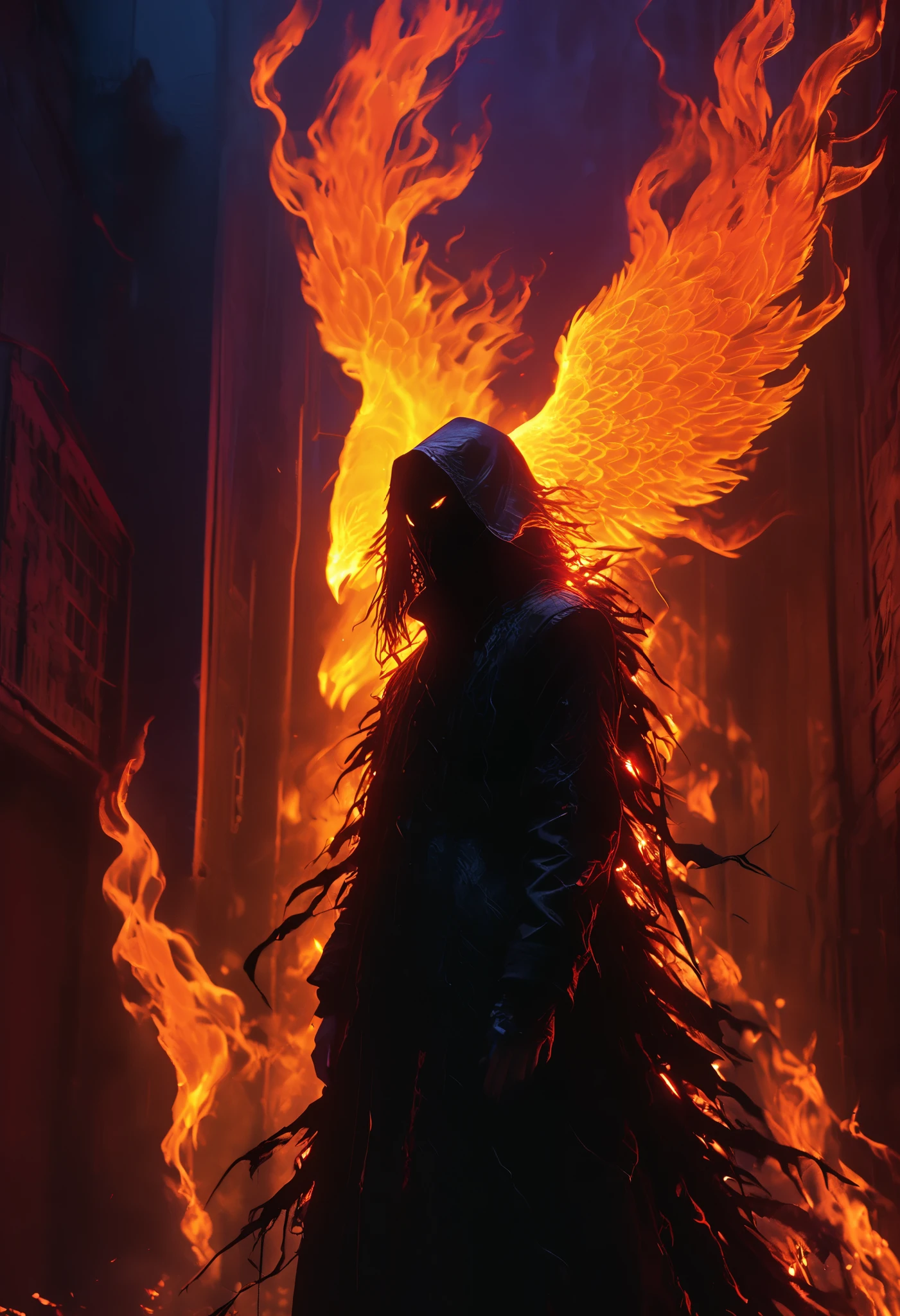 A very aesthetic image,visual fracture,humanoid shadow,Black flames,Flaming crows,Neon Ravens