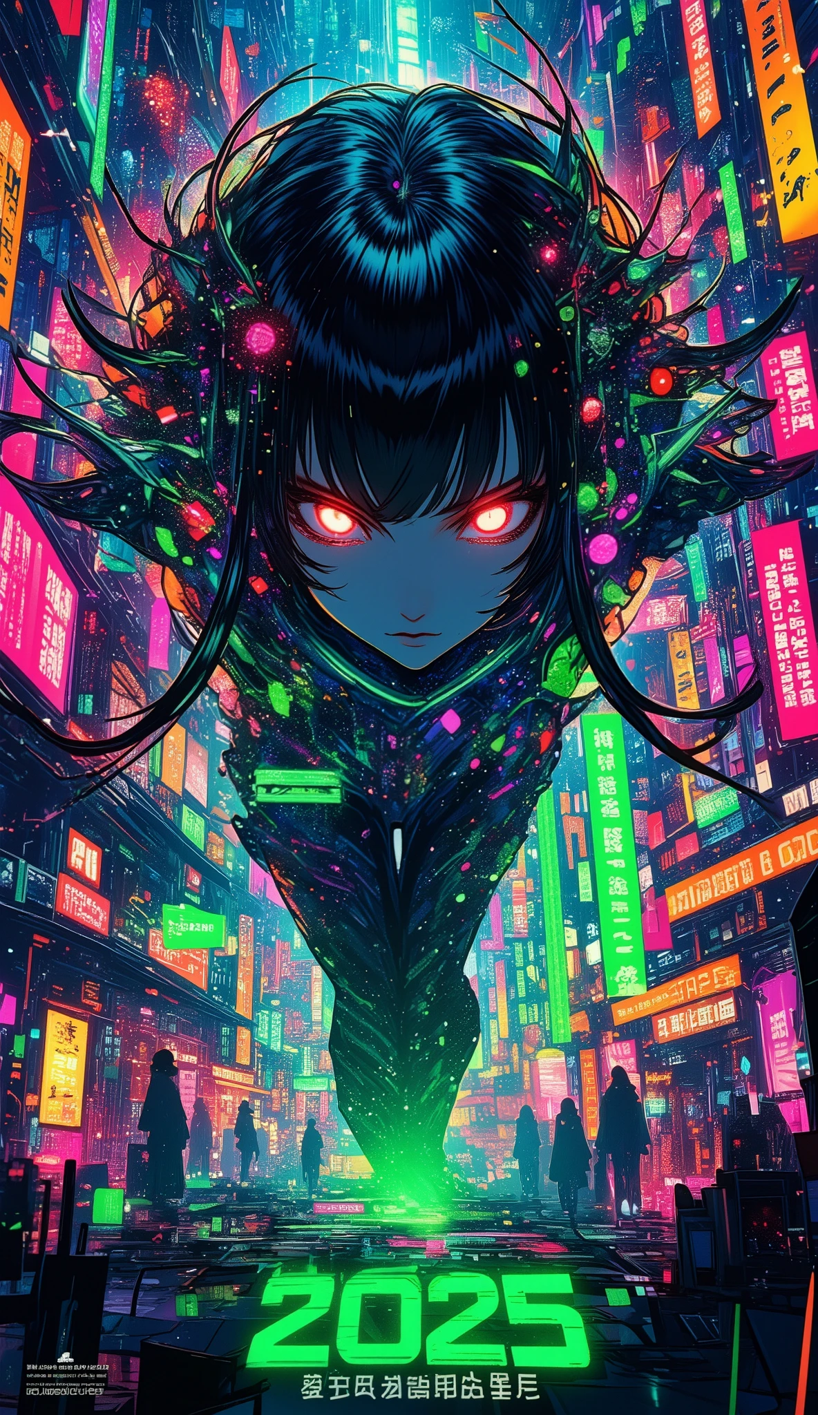 A new style like no other ,  digital design poster using brilliance ,  expresses the glamor of the new year in detail ,  Let's make a poster full of smiles that combines cyberpunk and traditional Japanese beauty, (Insert sentence “2025 HappyNew Year”), green neon font, Please keep only your eyes clear red, 