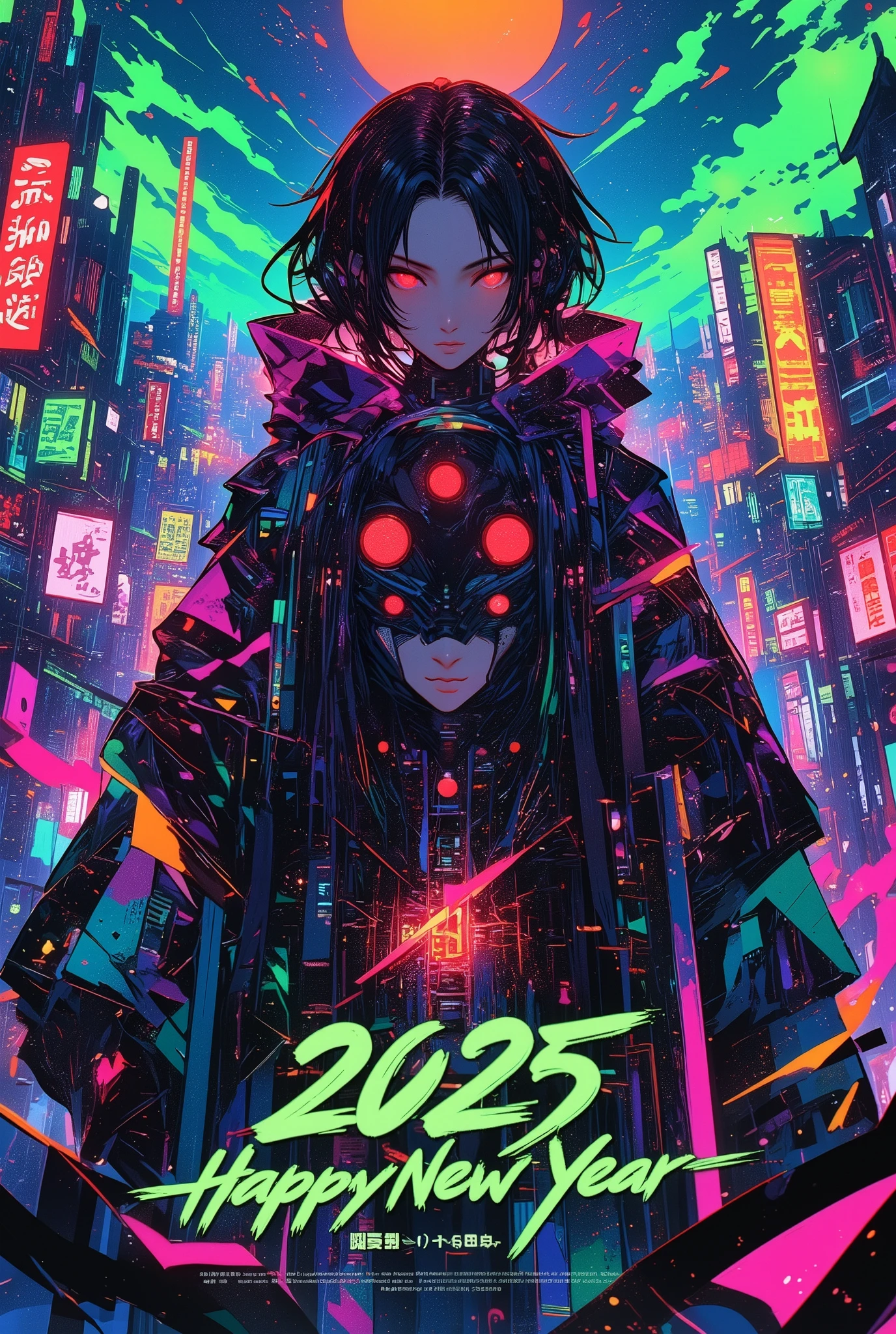 A new style like no other ,  digital design poster using brilliance ,  expresses the glamor of the new year in detail ,  Let's make a poster full of smiles that combines cyberpunk and traditional Japanese beauty, (Insert sentence “2025 HappyNew Year”), green neon font, Please keep only your eyes clear red, 