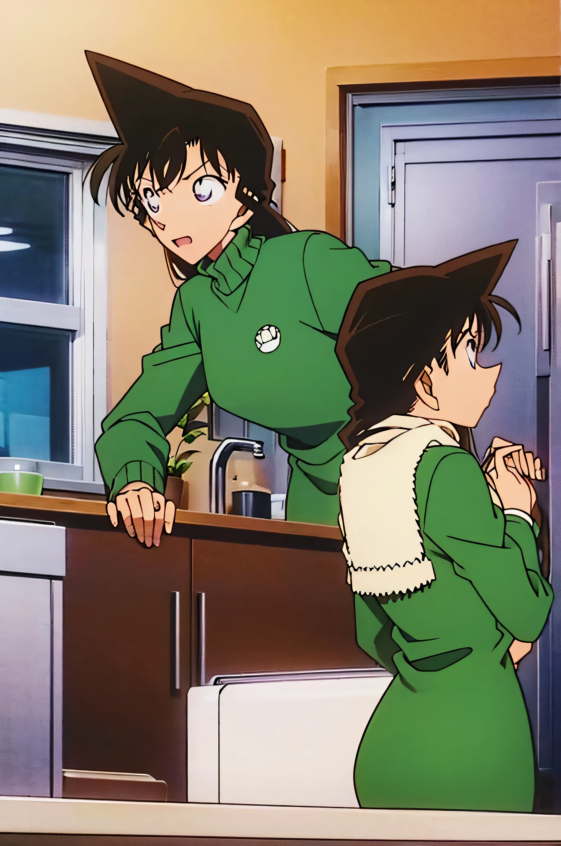 1girl、{{{mouri ran}}}, {{{meitanntei conan}}}, {{{long hair}}}, {{{official style}}}, {{{adult}}}, tight green dress (turtleneck, simple, long sleeves) 、 （light green cropped short jacket）, green socks,kitchen,bringing upper body to the sink, open, leaning forward, emphasizing the buttocks, butt to the front