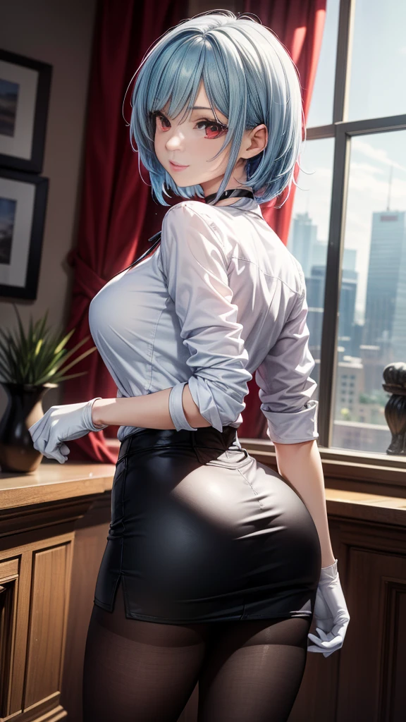 ((masterpiece)),(best quality),(detailed),(1girl), blue hair, blue glowing eyes, Updo, white shirt, black pant, looking down on the viewer, waist shot, butt to camera