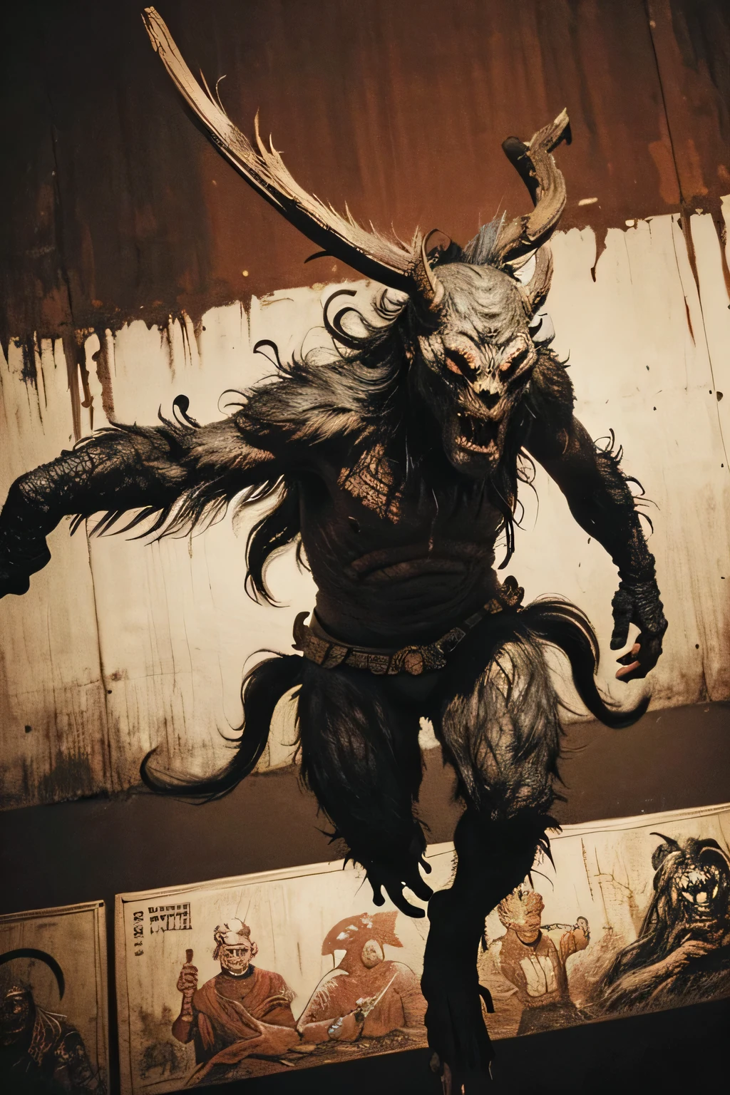 ((Monsters that look like 2 beasts)), ((war)), ((Jumpscare)), outline warm color, ((festival)), ((Chojugiga)), ((Shihon Bokuga)), antique, (personality personification ), (Ink painting), Black and White Art , (Old paper style illustration), (Hunting Painting Style, Little Monster , Old performance, Variation pointillism, flat illustration , creepy, ( Horror elements), creepy worldview, ( Primitive art ), outline warm color, are styled like old picture scrolls, Old stage, Ancient mural style, Intense Movements , jump, ((high angle))